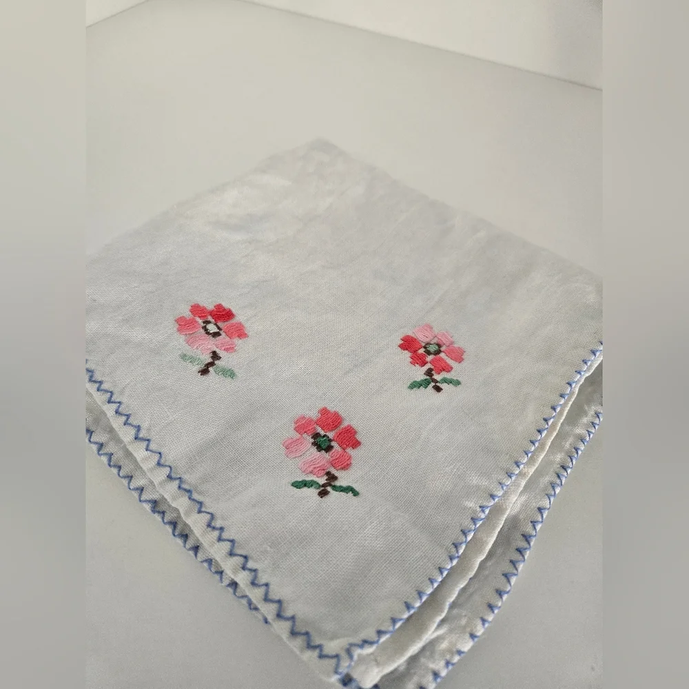 White Linen Napkin Or Handkerchief with Pink Floral Embroidery